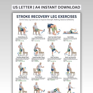 Puede incluir: Un póster informativo blanco titulado STROKE RECOVERY LEG EXERCISES con el subtítulo Gentle Daily Leg Exercises to Improve Strength, Walking, Balance & Mobility. Presenta doce figuras ilustradas realizando varios ejercicios de piernas.