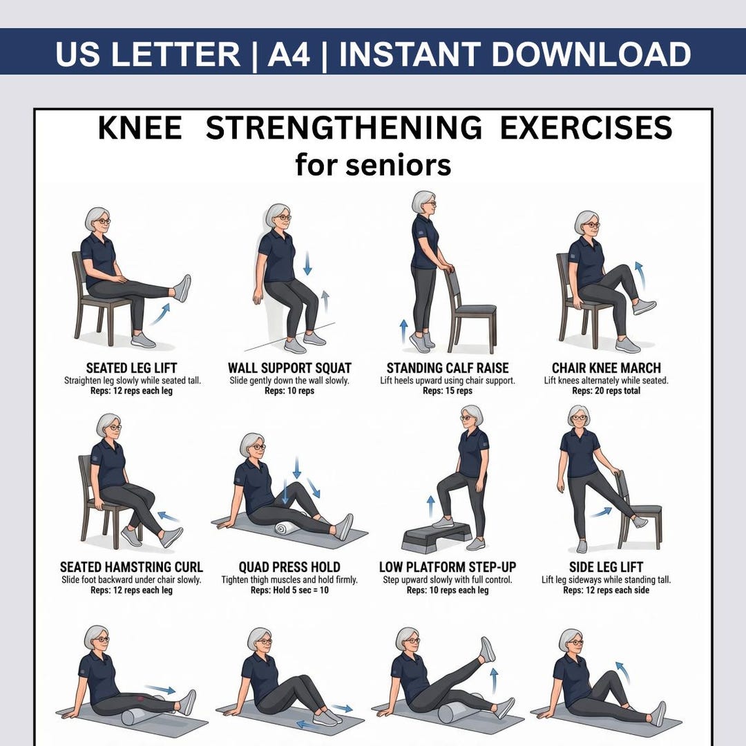 Knee Strengthening Exercises for Seniors Printable PDF — 16 Gentle Leg ...