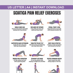 Sciatica Pain Relief Exercises Poster, Routine Lower Back & Sciatic Nerve Stretch, Printable Low Impact Workout Printable PDF