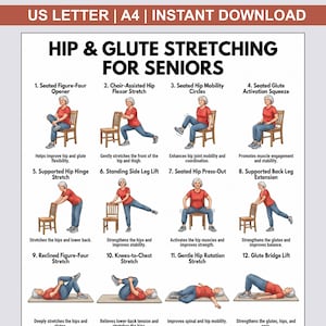 Hip & Glute Stretching for Seniors Printable PDF — 16 Gentle Hip Mobility Moves, Senior Stretch Chart, Elderly Fitness, Instant Download