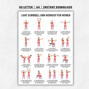 Op de afbeelding: Een digitale workoutposter getiteld LIGHT DUMBBELL ARM WORKOUT FOR WOMEN met zestien geïllustreerde oefeningen met instructies. De kaart toont figuren in rode tops en roze leggings die bewegingen uitvoeren met dumbbells, gelabeld US LETTER | A4 | INSTANT DOWNLAOD.