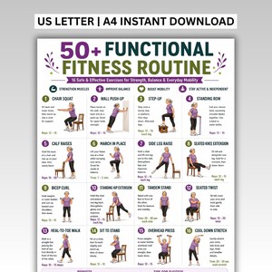 Puede incluir: Un cartel de fitness digital titulado 50+ FUNCTIONAL FITNESS ROUTINE con 16 ejercicios ilustrados para fuerza y movilidad. El póster incluye pasos numerados, conteo de repeticiones e instrucciones para cada movimiento sobre fondo blanco.