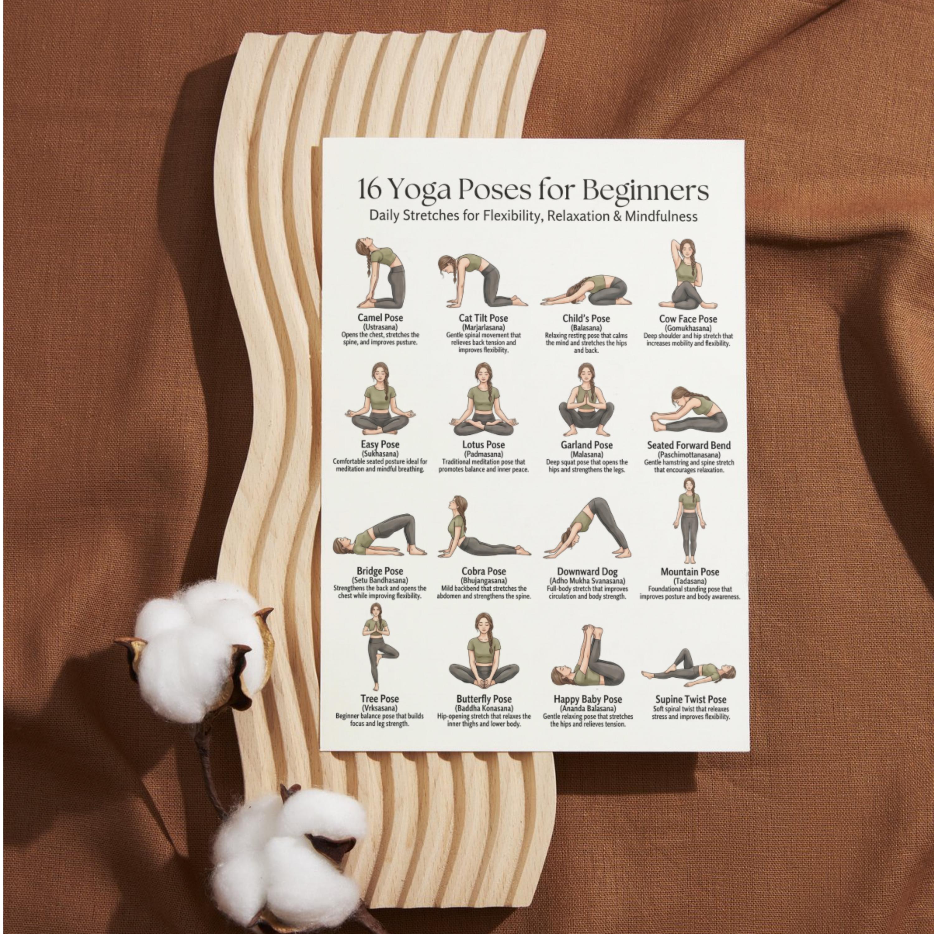 Printable Yoga Poses for Beginners Chart, 16 Asanas Yoga Routine PDF