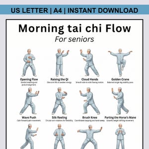 Peut inclure: Une affiche blanche intitulée "Morning tai chi Flow" avec le sous-titre "For seniors." Elle présente des illustrations de poses de tai-chi avec des descriptions telles que "Opening Flow", "Raising the Qi" et "Cloud Hands".