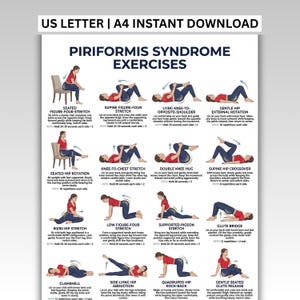 May include: A white informational poster titled Piriformis Syndrome Exercises featuring illustrations of a person in a red shirt and blue pants performing various stretches and movements with instructional text for each exercise, including US Letter and A4.