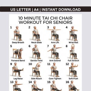 Può includere: Una guida stampabile per un allenamento di Tai Chi su sedia di 10 minuti per anziani. La guida mostra 16 esercizi con illustrazioni, tra cui Deep Breath, Neck Glide, Arm Lift e Leg Raise. Il testo in alto recita "US LETTER | A4 | INSTANT DOWNLOAD."