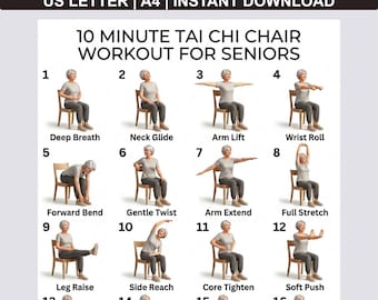 10 minute Tai Chi Chair Workout for Seniors, 20 Step Seated Exercise Chart, Tai Chi Poster , Senior Fitness Guide, Digital Download PDF