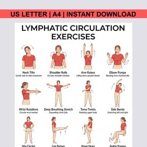May include: A digital download titled "Lymphatic Circulation Exercises" with illustrations of various exercises. The exercises include neck tilts, shoulder rolls, arm raises, elbow pumps, wrist rotations, deep breathing stretch, torso twists, side bends, hip circles, leg raises, knee hugs, and ankle pumps.