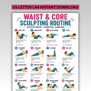 May include: A white instructional poster titled Waist & Core Sculpting Routine featuring 16 numbered exercise illustrations. Each section includes a graphic of a person performing a movement, descriptive text, and repetition or time counts for workouts.