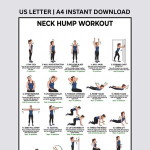 May include: A digital workout chart titled NECK HUMP WORKOUT featuring fifteen numbered illustrations of a person in a blue tank top and black leggings performing various exercises with instructional text and repetition counts for each movement.