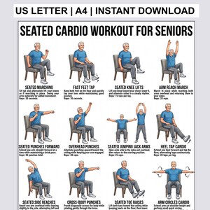 Könnte beinhalten: Eine digitale Übersicht mit dem Titel SEATED CARDIO WORKOUT FOR SENIORS, die zwölf Illustrationen einer Person in blauem T-Shirt und grauer Hose bei Übungen auf einem Stuhl zeigt. Der Text enthält Anleitungen für sitzendes Marschieren und Armbewegungen.