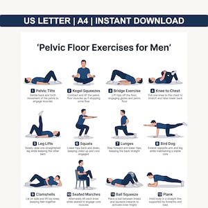 Puede incluir: Una infografía imprimible titulada 'Ejercicios de Suelo Pélvico para Hombres' con 12 ejercicios ilustrados. Cada ejercicio está numerado e incluye una breve descripción. Los ejercicios incluyen inclinaciones pélvicas y sentadillas.