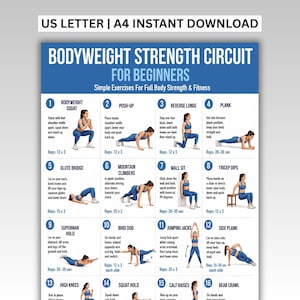 May include: A fitness poster titled Bodyweight Strength Circuit for Beginners featuring sixteen numbered exercise illustrations. Each section includes the exercise name, step-by-step instructions, and repetition counts for movements like squats, push-ups, and lunges.