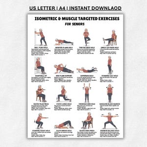 May include: A white informational poster titled ISOMETRIC & MUSCLE TARGETED EXERCISES FOR SENIORS. It features sixteen illustrations of a person in a red shirt and dark pants performing various exercises with text instructions, targets, and repetitions.