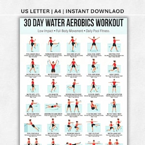 May include: A printable 30-day water aerobics workout chart. The chart features illustrations of various exercises, including pool march walk, aqua star jumps, and water heel lifts. The text at the top reads "30 DAY WATER AEROBICS WORKOUT".