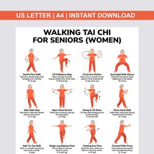 Può includere: Una guida per il Tai Chi che cammina per anziani (donne), con passaggi di esercizi illustrati. Include Gentle Flow Walk, Lift & Balance Step, Circle Arm Motion e altro. Il testo in alto dice "US LETTER | A4 | INSTANT DOWNLOAD".
