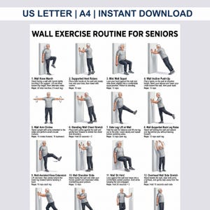 Rutina de ejercicios de pared para personas mayores (imprimible) / 16 ejercicios de pie contra la pared para personas mayores / Tabla de ejercicios de bajo impacto / Hoja de ejercicios en PDF