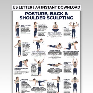 May include: A digital poster titled POSTURE, BACK & SHOULDER SCULPTING featuring illustrations of a person in dark leggings and a light green sports bra performing various exercises. Text includes US LETTER | A4 INSTANT DOWNLOAD and instructions.