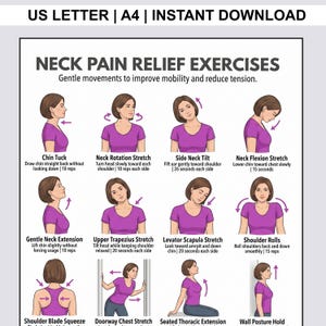 Pode incluir: Um gráfico digital intitulado NECK PAIN RELIEF EXERCISES com doze ilustrações de uma pessoa de camisa roxa demonstrando movimentos como retração do queixo, rotação do pescoço, inclinação lateral e alongamentos.