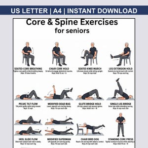 May include: A printable exercise guide for seniors, with illustrations of core and spine exercises. The guide includes exercises like seated core breathing, chair core hold, and leg extension hold. The text at the top reads "US LETTER | A4 | INSTANT DOWNLOAD".