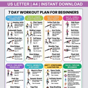 May include: A 7-day workout plan for beginners chart featuring illustrated exercises for each day, including full body, lower body, upper body, core, cardio, and mobility routines. The document includes text headers, exercise names, instructions, and repetition counts.