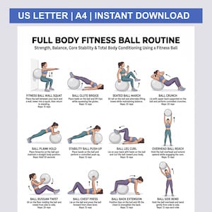 Könnte beinhalten: Ein digitales Fitness-Diagramm mit dem Titel Full Body Fitness Ball Routine und dem Text US Letter | A4 | Instant Download. Es zeigt zwölf illustrierte Übungen mit einem grauen Fitnessball, darunter Kniebeugen, Brücken, Crunches und Planks.