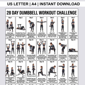 May include: A 28-day dumbbell workout challenge chart featuring illustrations of a person performing various exercises like goblet squats, bicep curls, and lunges. The document includes text labels for each day, exercise names, instructions, and rep counts.