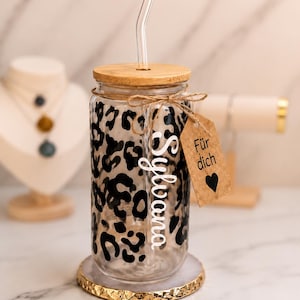 Personalisierter Glasbecher mit Name | Leopardenmuster Glas | Trinkglas mit Name  | Iced Coffee Glas | Geschenk für Freundin | Leoprint