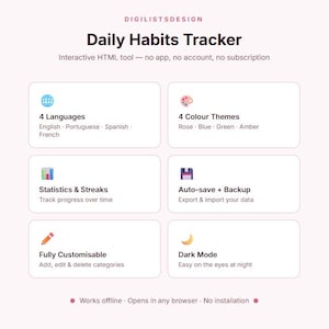 May include: A digital interface for a Daily Habits Tracker, with the text "DIGILISTSDESIGN" at the top. Features include 4 languages, 4 color themes, statistics, auto-save, customizability, and dark mode. The tool is interactive, offline, and requires no app or account.