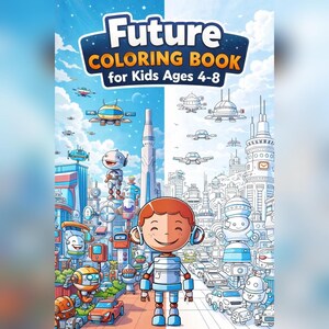 Op de afbeelding: Kleurrijke kleurboekcover met de titel "Future Coloring Book for Kids Ages 4-8". De illustratie toont een futuristische stad met robots, vliegende voertuigen en een lachend kindrobot-personage.