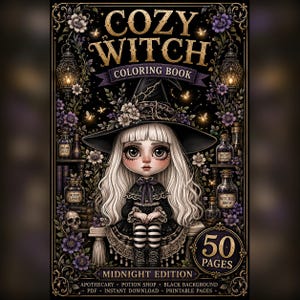 Puede incluir: Un libro para colorear titulado COZY WITCH que muestra un personaje de cabello blanco largo y sombrero negro. La portada incluye flores moradas, linternas y frascos etiquetados como Dream Dust, Night Shade, Moon Flower y Witches Brew, con 50 páginas.