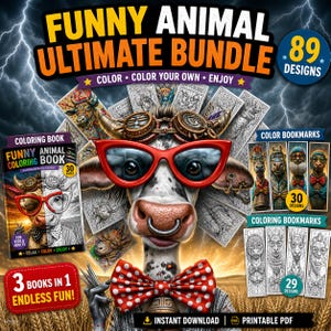 May include: A digital download bundle featuring a cow wearing red glasses and a polka-dot bow tie. The bundle includes a coloring book with 30 pages, color bookmarks with 30 designs, and coloring bookmarks with 29 designs. The text reads "Funny Animal Ultimate Bundle."