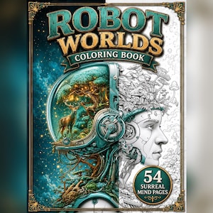 May include: A coloring book titled Robot Worlds featuring a split design. The left side shows a colored illustration of a robotic head containing a forest with a deer, while the right side displays a black and white line art version with 54 pages.