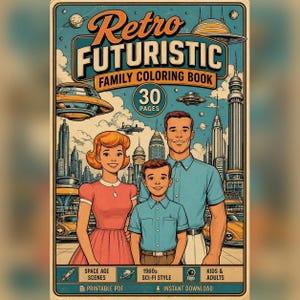 Retro Futuristic Family Coloring | 30 Space Age Pages | 1960s Sci-Fi Style | Instant PDF Download