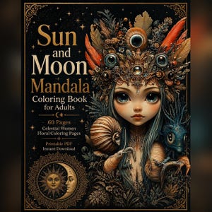 Puede incluir: Un libro para colorear titulado "Sun and Moon Mandala" para adultos, con una ilustración detallada de una mujer celestial con ojos grandes, adornada con una corona de plumas y ojos. La portada es oscura con detalles dorados y texto.