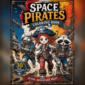 May include: A "Space Pirates Coloring Book" cover features three characters in space pirate attire. The title is in yellow and orange. The characters include a girl with red hair, a raccoon, and a robot-like figure, all holding weapons. The book has 30 epic adventure pages.