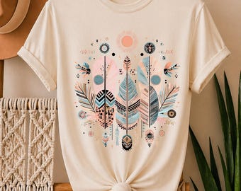 Boho Feather T-Shirt Design PNG, Tribal Pattern Print, Pastel Bohemian Graphic, Festival Shirt Design, Sublimation PNG