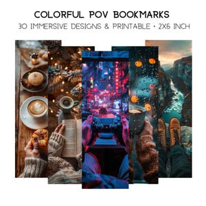 Könnte beinhalten: Druckbare Lesezeichen mit immersiven Designs. Das Bild zeigt eine Collage von Szenen, darunter eine Kaffeetasse, eine lesende Person, ein Videospiel-Controller und eine malerische Aussicht. Die Lesezeichen sind 5 x 15 cm groß.