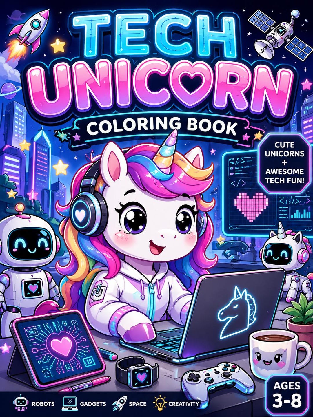 Tech Unicorn Coloring Book for Kids Ages 3-8 | Cute Robot, Space & STEM ...