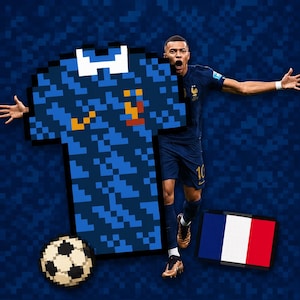 May include: A pixelated blue football shirt with a white collar, a pixelated football, and a French flag graphic. A football player in a dark blue kit with the number 10 is visible, celebrating with arms outstretched against a dark blue background.