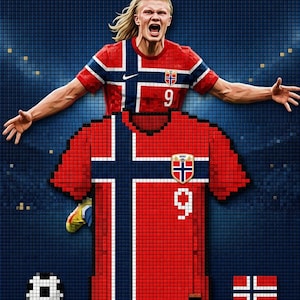 May include: A pixel art style graphic featuring a soccer player with blonde hair wearing a red Norway jersey with the number 9, positioned above a matching jersey, a soccer ball, and the Norwegian flag against a dark blue grid background.