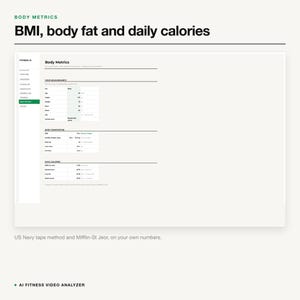 May include: A digital dashboard titled Body Metrics displaying personal health data including BMI, body fat percentage, and daily calorie requirements. The interface features sections for measurements, body composition, and daily caloric intake calculations.
