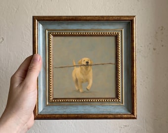 Mini cuadro al óleo de Labrador Retriever, arte canino pintado a mano y enmarcado, regalo para amantes de los Labradores, decoración de pared para perros.