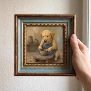 Labrador Puppy Oil Painting, Whimsical Lab Dog Pottery Art, Hand Painted Dog Lover Gift