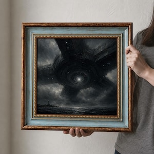 Colossal UFO Oil Painting, Giant Mothership Art, Hand Painted Cosmic Horror Wall Decor, Framed Megastructure Sci Fi Gift