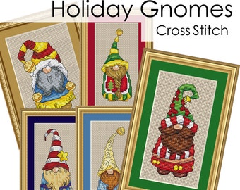 Holiday Gnomes Complete Collection Cross Stitch Patterns Fun Designs  Holiday Season Instant Download pdf Santa Christmas Winter Gnome Elf