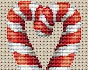 Candy Cane Heart Cross Stitch Pattern Modern Design Instant Download PdF Pattern Christmas Peppermint Winter Holiday