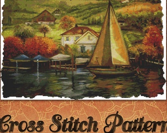 Countryside Painting Cross Stitch Pattern Beautiful Lakeside Boat Landscape Design Instant Download PdF Pattern