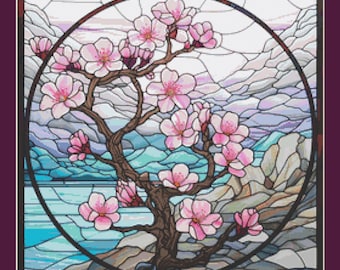 Stained Glass Cherry Blossom Cross Stitch Pattern Instant Download PDF