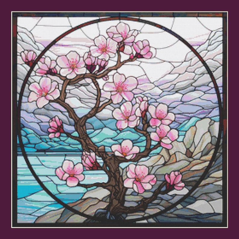 Stained Glass Cherry Blossom Cross Stitch Pattern Instant Download PDF image 1